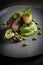 Lamb belly peas with herb crusted roast potato puree. Illustration AI Generative