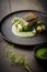 Lamb belly peas with herb crusted roast potato puree. Illustration AI Generative