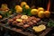 lamb kebabs and lemon slices on bbq grill