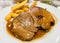 Lamb meat bake roast brown with french fries