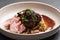 Lamb meat with pickled radish, mushrooms and demi glace sauce