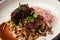 Lamb meat with pickled radish, mushrooms and demi glace sauce