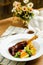 Lamb Ossobuco or Osso buco lamb shanks with potato, dip and salad served on plate isolated on napkin side view of meat food
