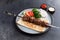 Lamb shashlik on a skewer in a plate