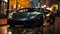 A lamborghini huracan is on a dark street in a city