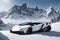 A Lamborghini Veneno on a snowy mountain peak surrounded by pristine white snow generated by AI