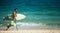 Lame man in swimsuit holding a surfboard