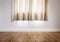 Laminated wood floor with white wall, with curtain