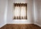 Laminated wood floor with white wall, with curtain