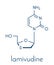 Lamivudine 3TC antiviral drug molecule. Used in treatment of HIV and hepatitis B virus. Skeletal formula.