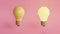 Lamp 3d in realistic style on pink background. Bright background. Modern 3d graphic. Electric lightbulb, glowing lamp.