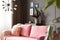 Lamp above pink settee with cushions in living room interior wit