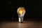 Lamp bulb with shining brain inside on table against black background. Idea generation