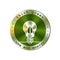 Lamp with green leaf round hologram,circle badge,sticker. Think green, use eco energy metal emblem with lamp and leaf
