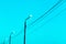 Lamp poles with power lines on a background of blue sky. Copy space