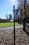 lamp post and it\'s shadow directly under the sun in a park during winter season with leaves on the ground and trees in the backgr