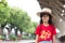 Lampang, Thailand - August 4, 2019: child is waiting for the train at train station