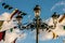 Lamppost decorated with flags for a party