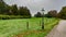 Lamppost next to a road in the countryside with trees in the background