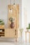 Lamps above wooden cupboard with flowers in white simple living