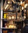 The lamps attached to the yellow rope are used as decor. These decorative lamps look old in stores and cafes. Close up