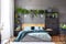 Lamps and plants above grey bed with green blanket and wooden he