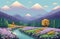 Landcsape of nature featuring river, trees, flowers, peaceful sky and mountains during sunset, sunrise or night. AI Generated