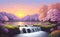 Landcsape of nature featuring river, trees, flowers, peaceful sky and mountains during sunset, sunrise or night. AI Generated