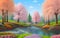 Landcsape of nature featuring river, trees, flowers, peaceful sky and mountains during sunset, sunrise or night. AI Generated