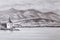 landcsape scenery with lake, chapel and mountains, pencil drawing.