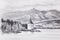Landcsape scenery with lake, chapel and mountains, pencil drawing.