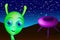 Landed little green alien with saucer visits Earth