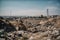 landfill with towering pile of trash, surrounded by landscape of industrial buildings