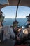 Landing in a helicopter on a pontoon at Hook Reef, Great Barrier Reef, Whitsunday Islands. Portrait