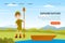 Landing Page with Boy Scout Cartoon Character in Khaki Costume with Boat and Paddle Vector Illustration