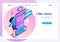 Landing Page Isometry. Girl Dances Near a Smartphone With Her Favorite Music. Listen to Your Favorite Artist. Vector