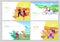 Landing page template with couple running on sunset, children girl and boy see a butterfly, mother riding bicycles with child,
