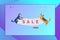 Landing page template with Cute dogs holding blank banner sale message. Happy cute puppy. Cartoon style vector