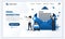 Landing page template of Email marketing services with businessman shout on megaphone for promotion. Modern flat web page design