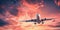 Landing passenger plane against colorful sky at sunset