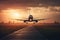 Landing a plane against a colorful sky at sunset. Passenger aircraft flying up over the clouds in the sunset light. The concept of