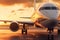 Landing plane against a golden sky at sunset. Passenger aircraft close up in sunset light. The concept of fast travel, recreation