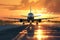 Landing a plane against a golden sky at sunset. Passenger aircraft flying up in sunset light. The concept of fast travel,