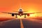 Landing a plane against a golden sky at sunset. Passenger aircraft flying up in sunset light. The concept of fast travel,