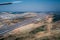 Landing at Turkey airport in Istanbul. Aerial view from airplane of landscape and highway