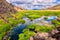 Landmannalaugar flowering summer valley with hot springs in Iceland, amazing daytime landscape