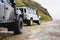 LANDMANNALAUGAR, ICELAND - AUGUST 2018: two offroad cars on the mud terrain