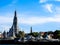 Landmark of Bangkok, Thailand, Wat Arun on Chao Phraya riverside with beautiful sky background.