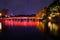 Landmark of Hanoi - The Huc Bridge and Hoan Kiem Lake in the night at Hanoi, Vietnam