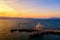 Landmark of Saint Theodore lighthouse in city of Argostoli at sunset, Kefalonia island, Greece